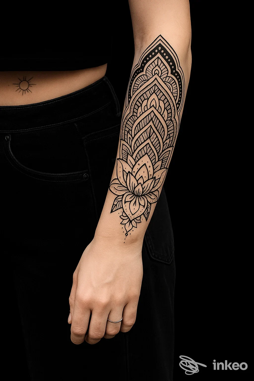 Tatuaggio ornamentale a motivi mandala e loto sull'avambraccio, foto studio di GRETATTOO a Figline e Incisa Valdarno.