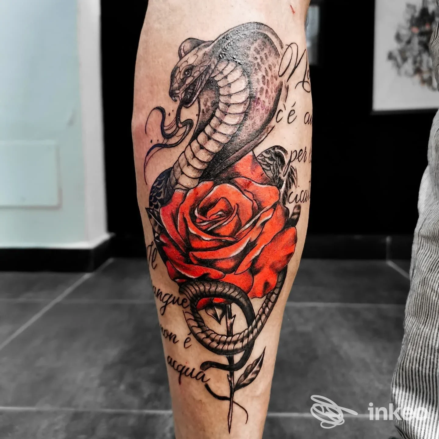 Tatuaggio di una rosa rossa avvolta da un serpente sul polpaccio, Giulia Pucci Tattoo, Cascina.