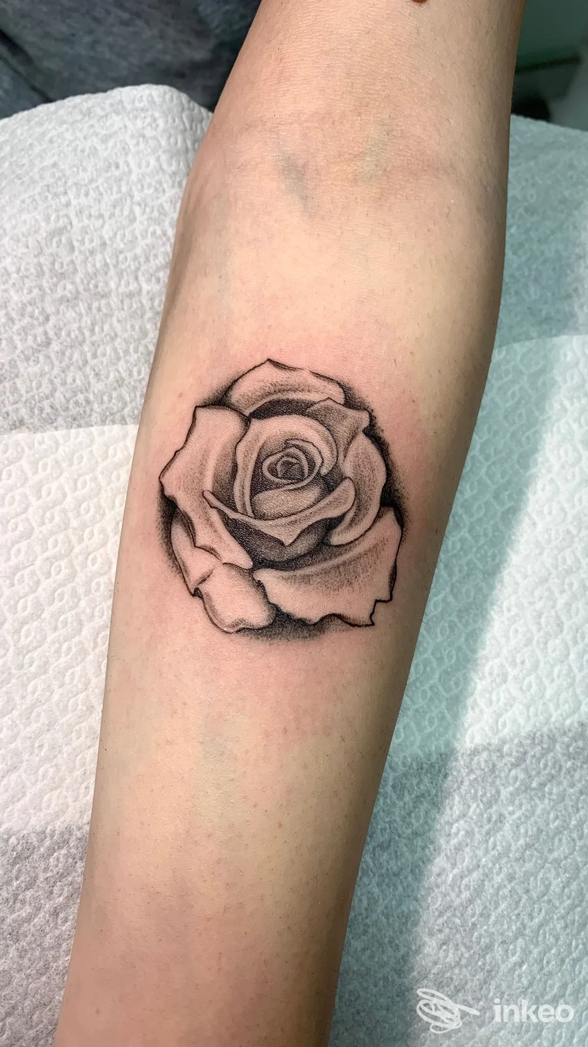 Tatuaggio a inchiostro nero di una rosa con dotwork e ombreggiature sull'avambraccio. Foto Graffionero Tattoo, Caprona, mostra il lavoro finito.