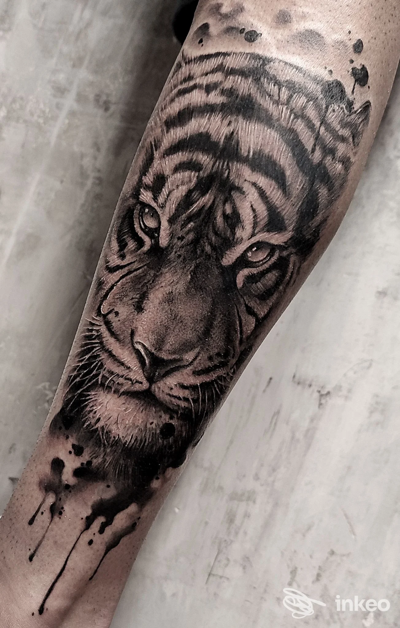 Tatuaggio realistico di testa di tigre sull'avambraccio, IKONOCLASTA Tattoo Art Factory - Firenze