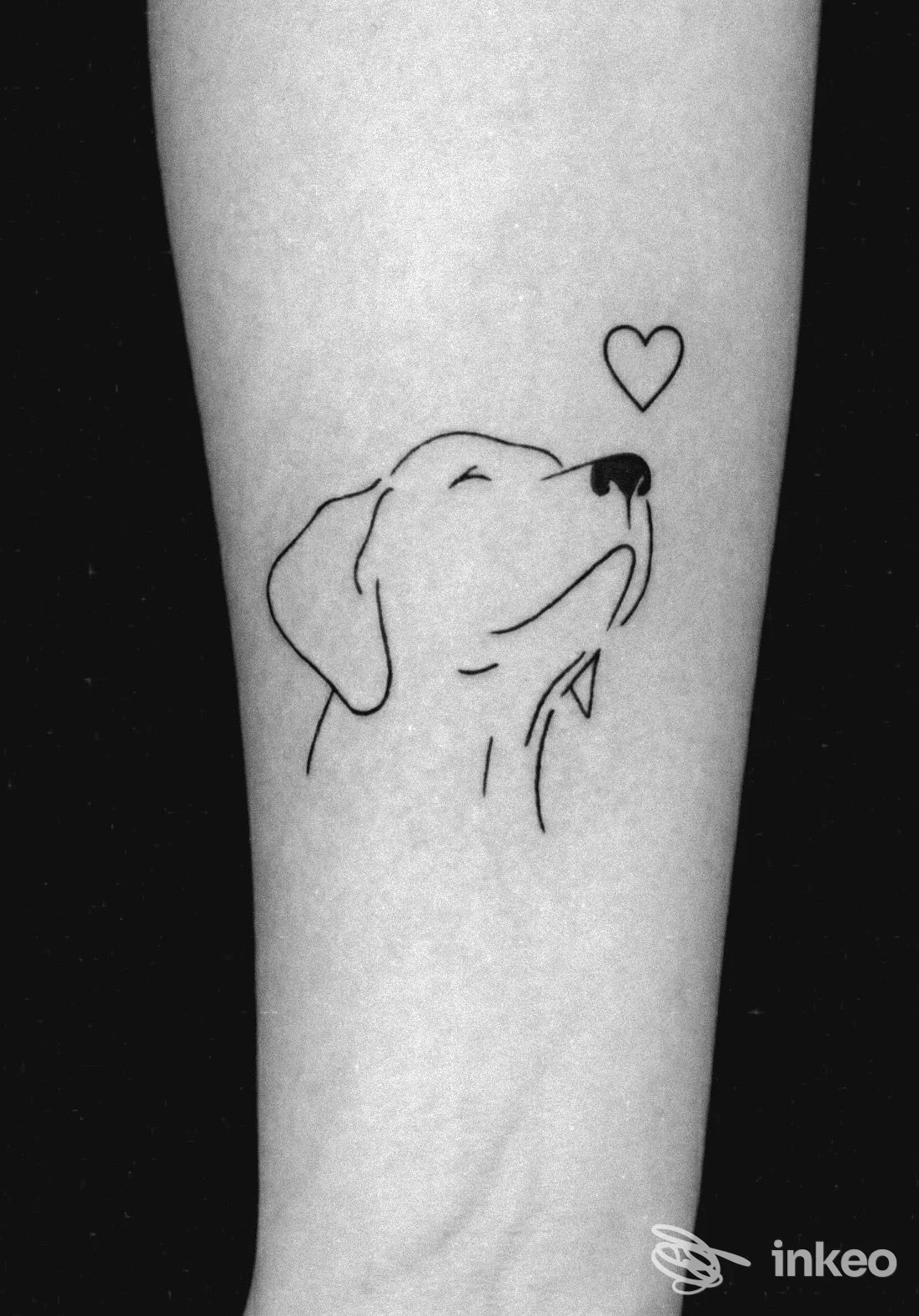Tatuaggio lineare di un cane con cuore sull'avambraccio, Inke Tattoo & Piercing, Capannori.