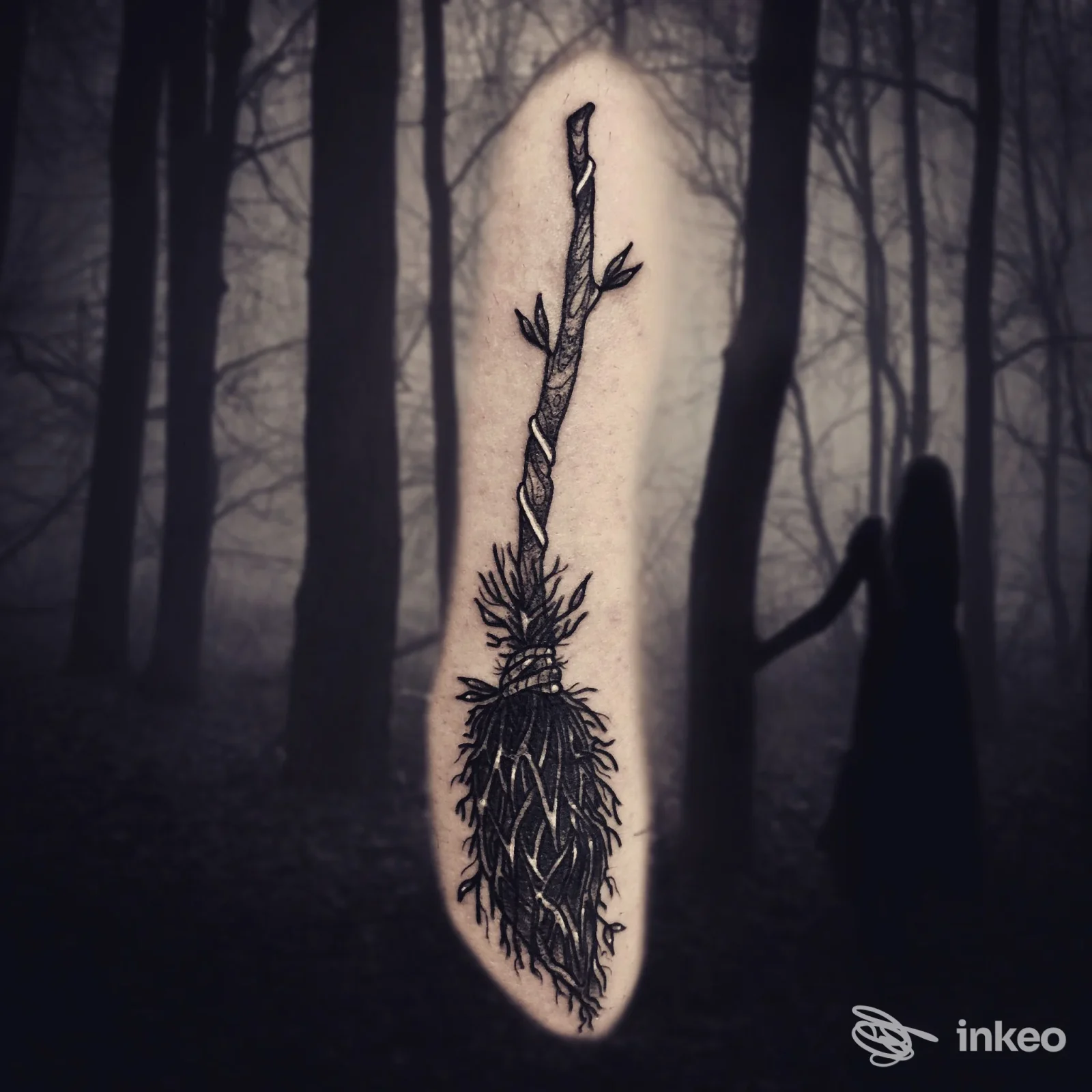 Primo piano di un tatuaggio nero a forma di scopa su avambraccio, immagine fornita da La Torre dei Diavoli Tattoo Studio a Poppi.