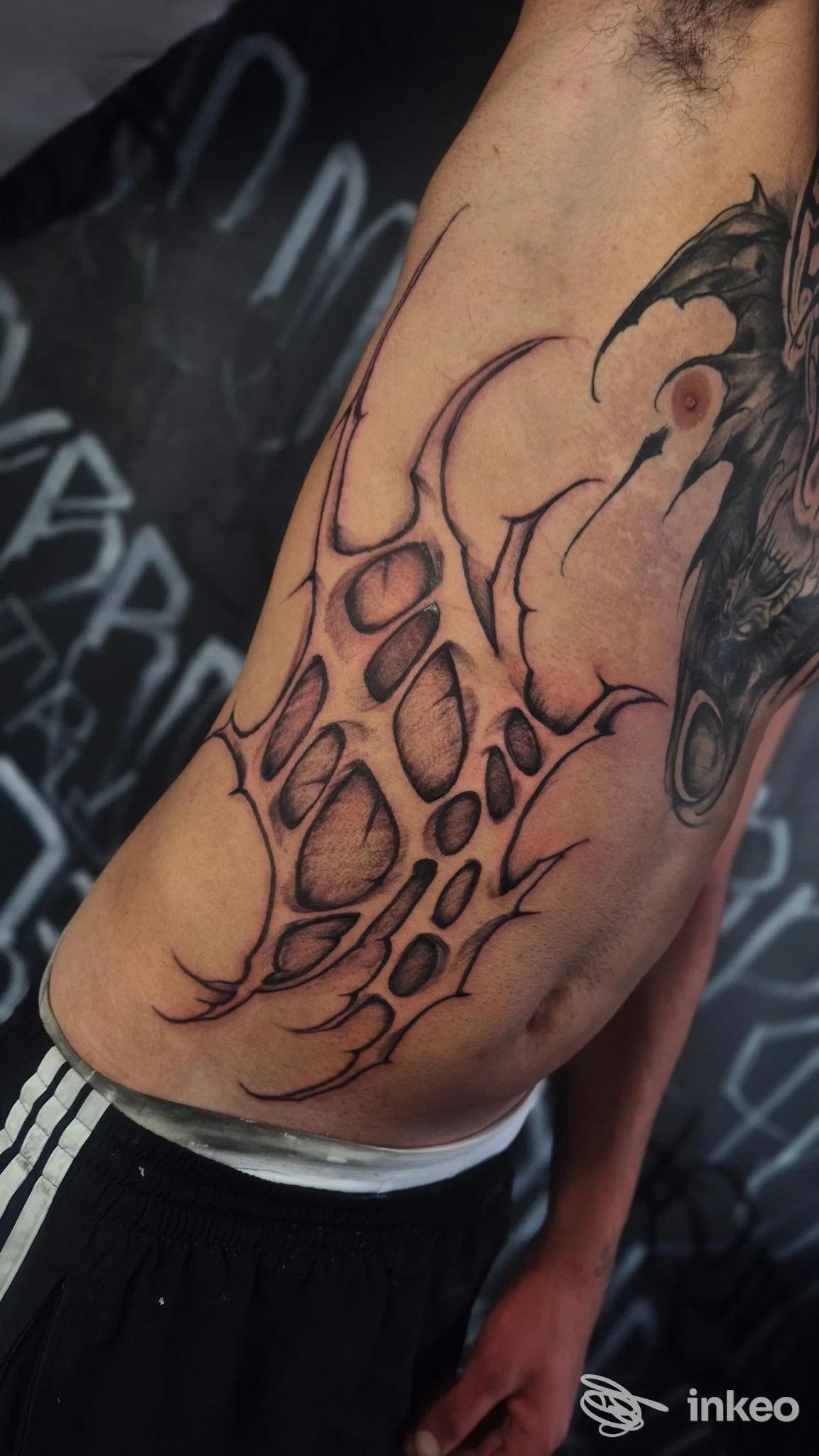 Ampio tatuaggio nero su fianco e costato con dettagli sfumati, scatto in studio Malamore Tattoo a Massa.