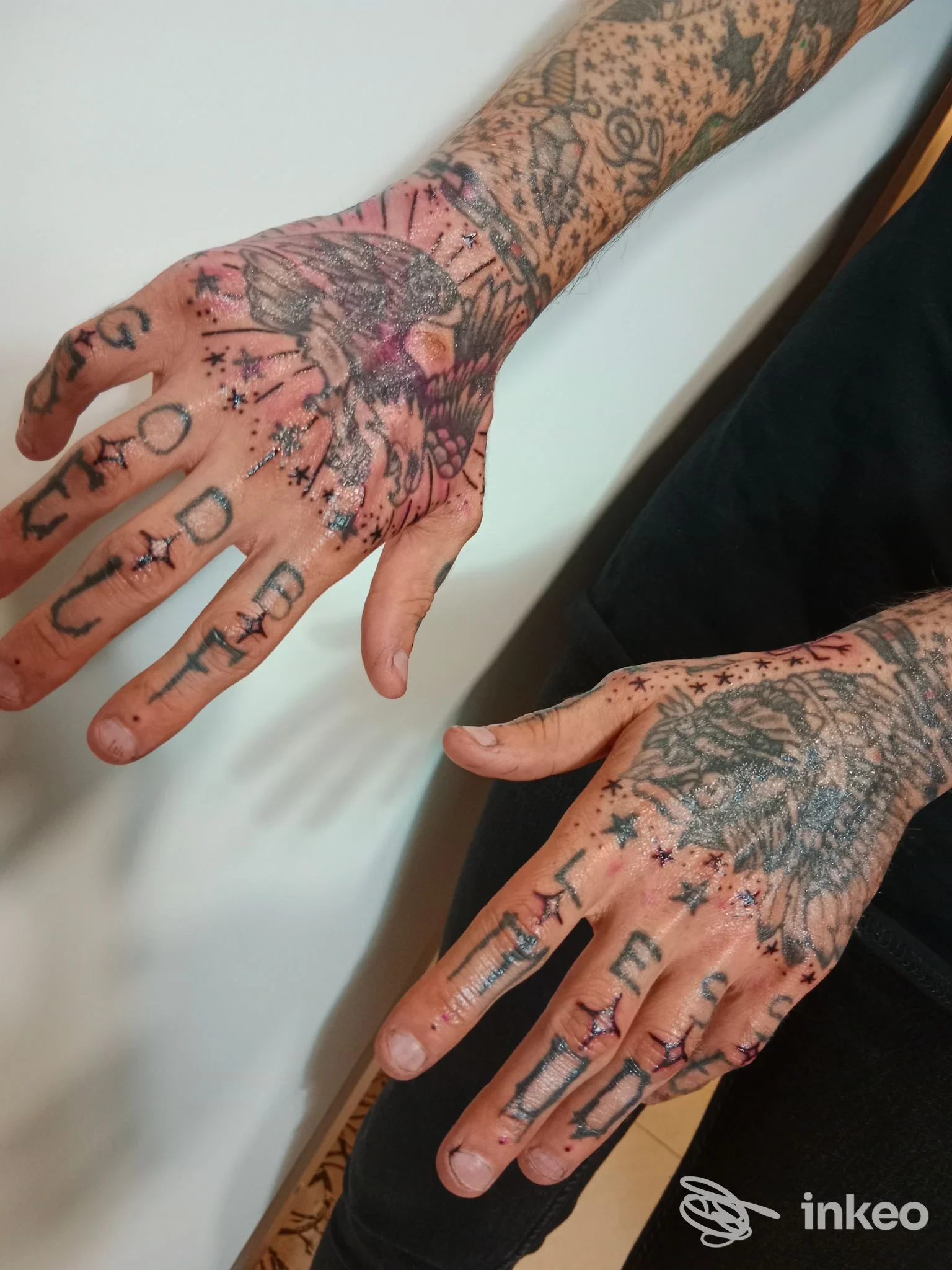 Mani e avambracci tatuati con motivi neri e tocchi di colore, foto eseguita per Malamore Tattoo a Massa.