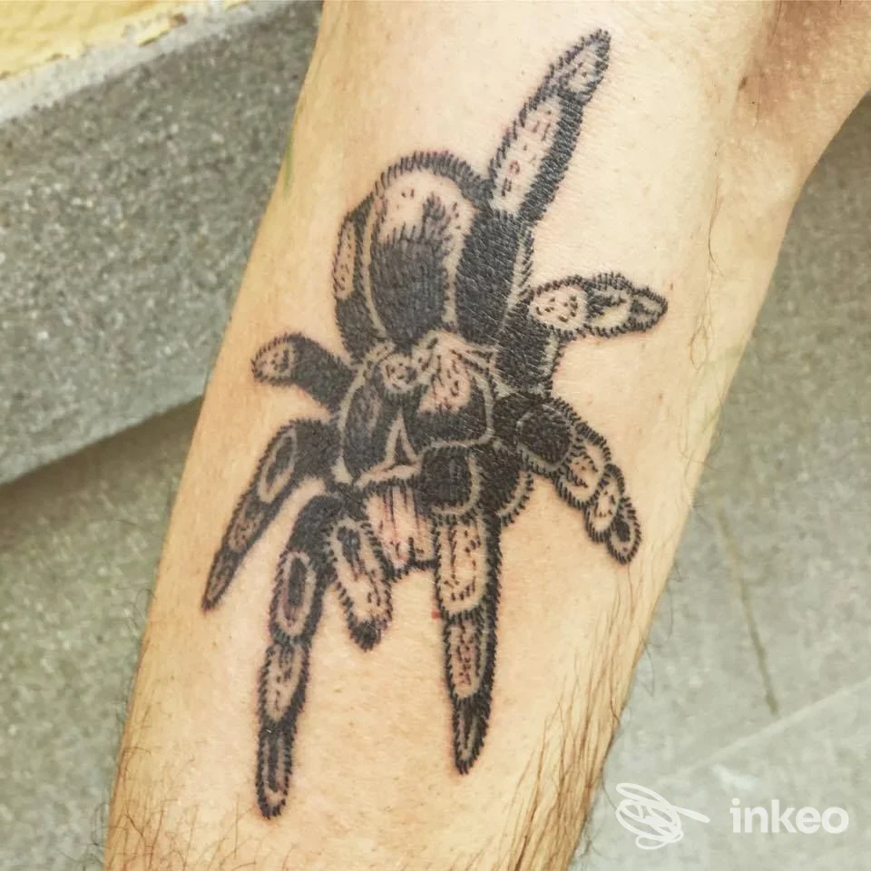 Tatuaggio a tarantola in nero sull'avambraccio, Mattattoo di Matteo Masini Firenze.
