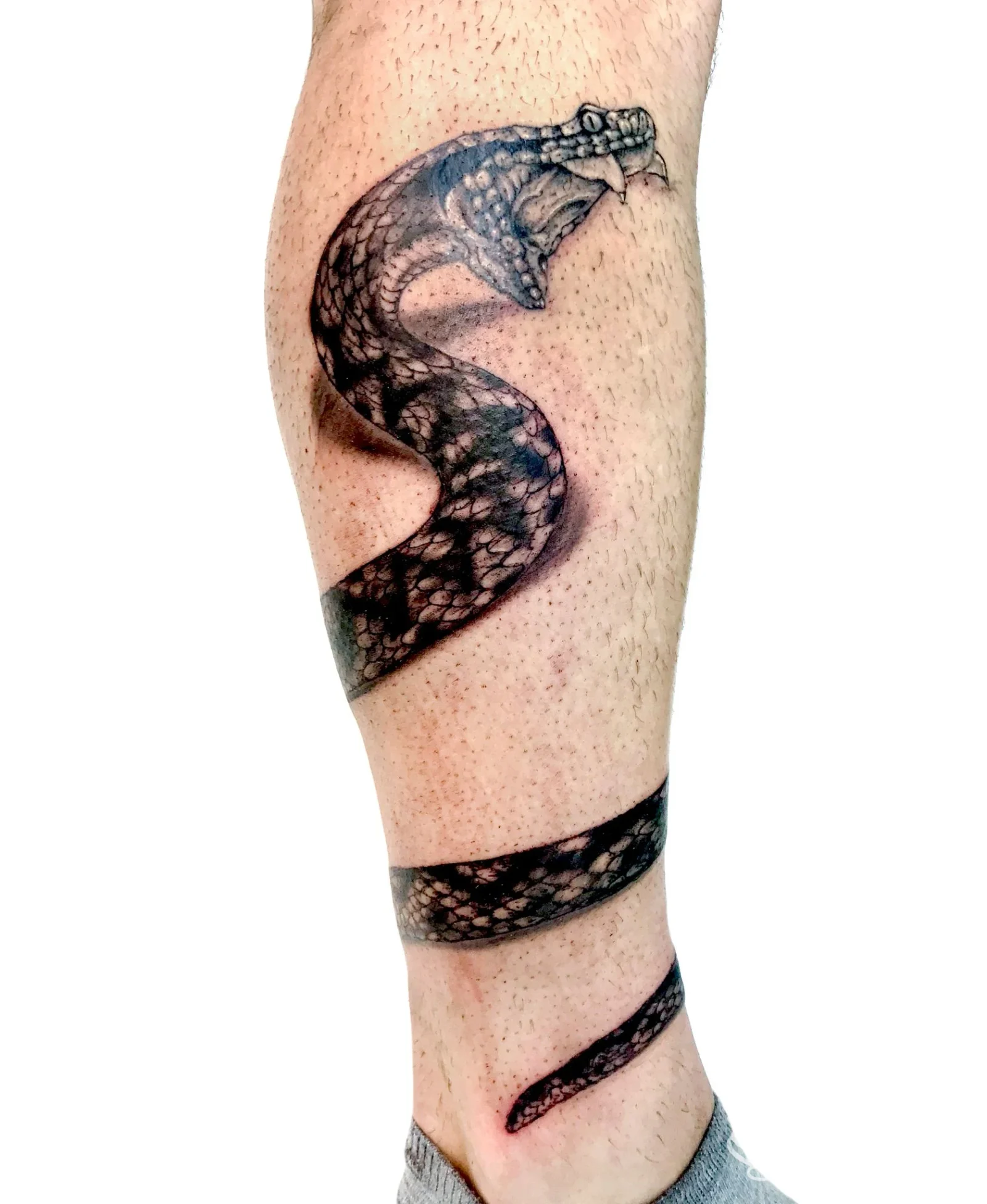 Tatuaggio di serpente nero/grigio avvolto sul polpaccio; foto fornita da Mako Tattoo, Montignoso.