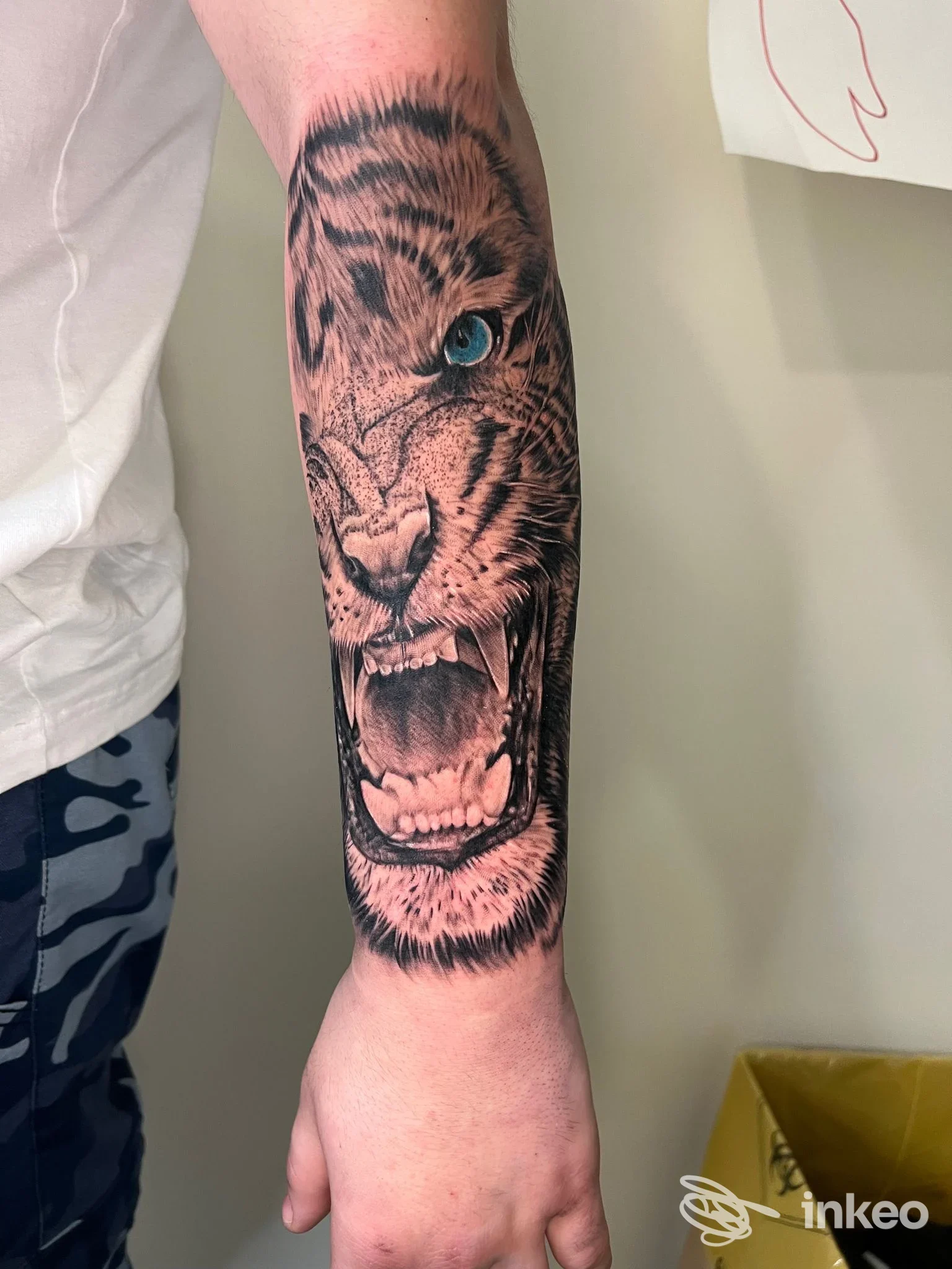 Avambraccio tatuato con testa di tigre realistica, Red & Black Tatoo Studio, Arezzo.
