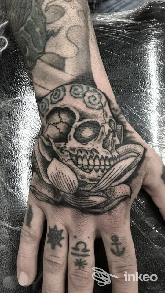 Tatuaggio sul dorso della mano con un teschio stilizzato e motivi floreali, con piccoli tatuaggi anche sulle dita. Red House Tattoo, Livorno.