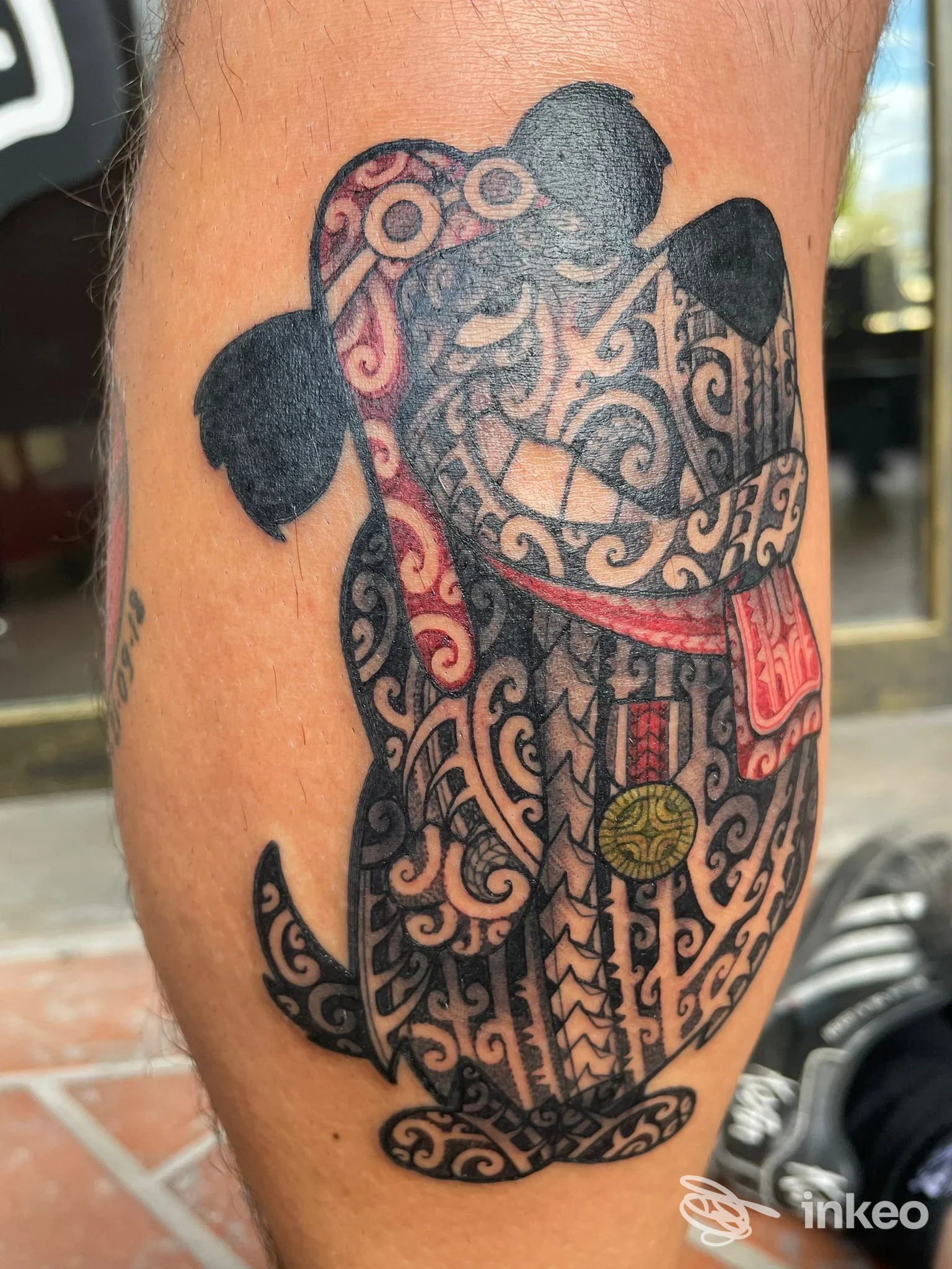 Tatuaggio a tema cane con motivi tribali sul polpaccio, realizzato da SCRIBATATTOO a Calcinaia.