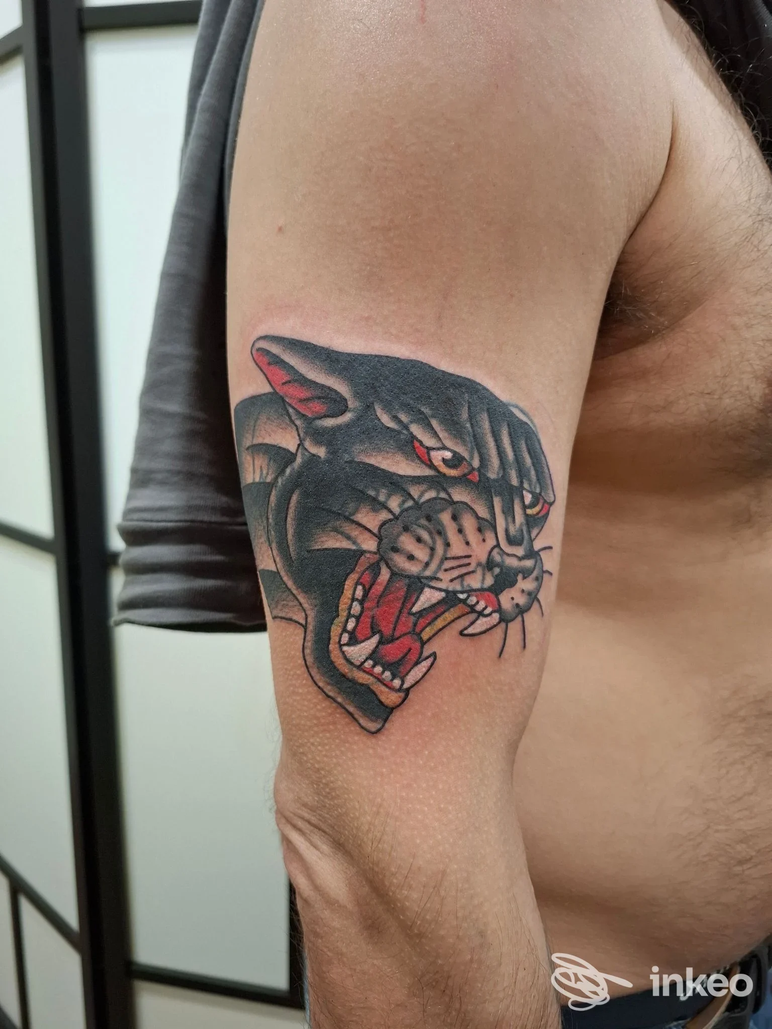 Tatuaggio tradizionale di testa di pantera sul braccio, fotografia inviata da Siena Classic Tattooing, Siena.