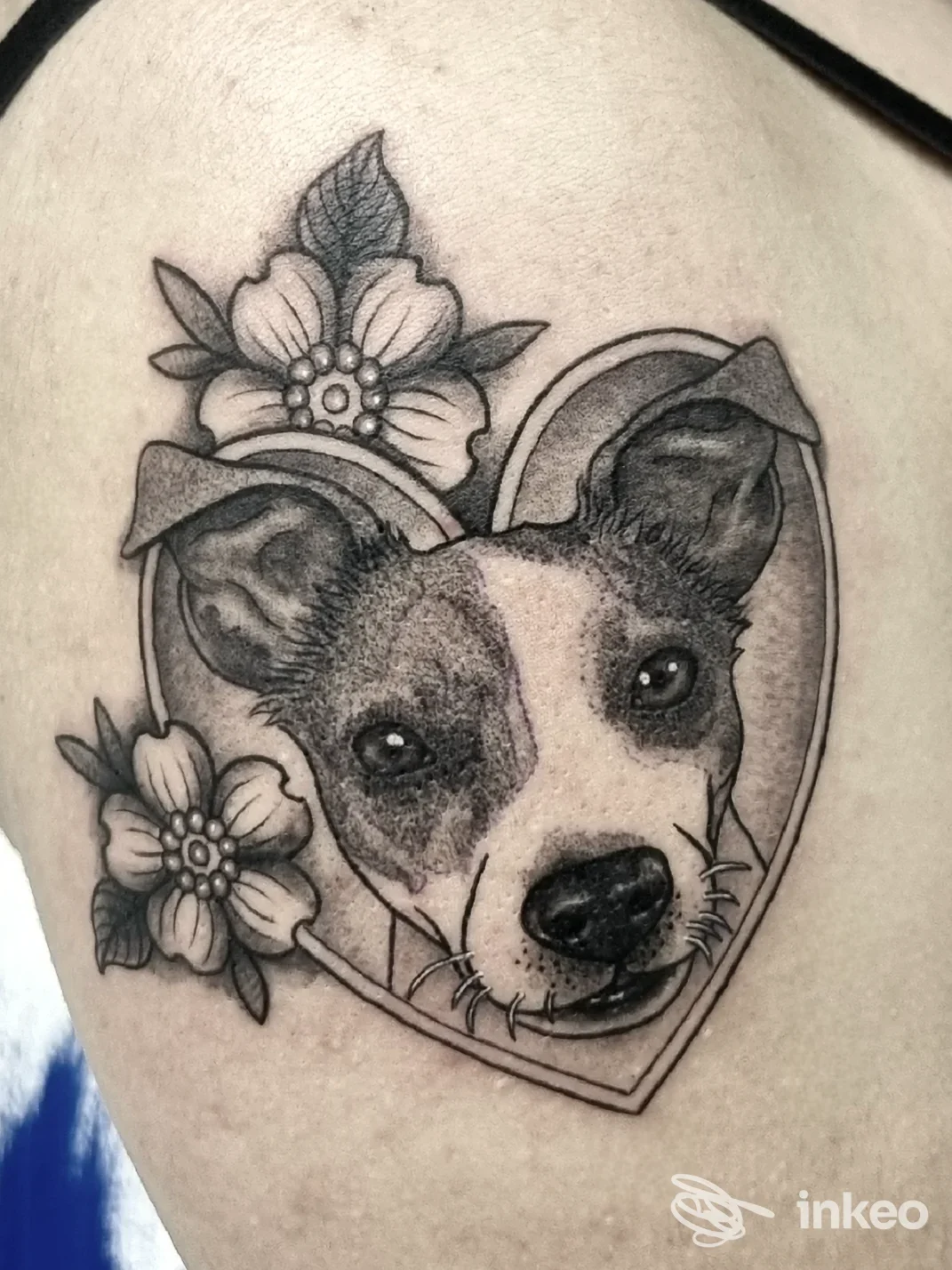 Tatuaggio ritratto di un cane dentro un cuore con fiori, realizzato su spalla; Sphynx Tattoo - Pisa.