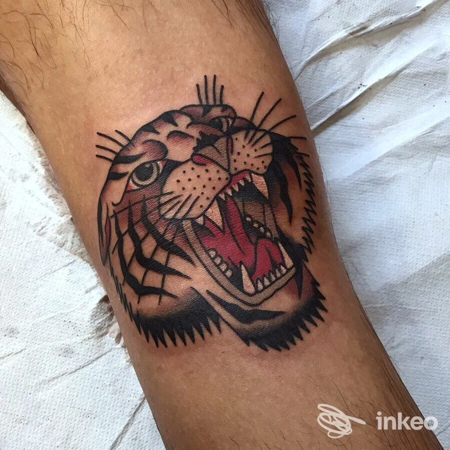 Tatuaggio tradizionale a testa di tigre su avambraccio, Tattoo Circus, Bientina.