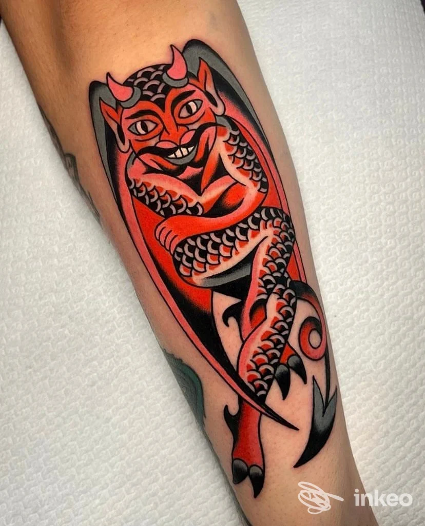 Tatuaggio colorato su avambraccio con figura demoniaca in rosso e nero, Three Lines Tattoo Studio, Livorno.