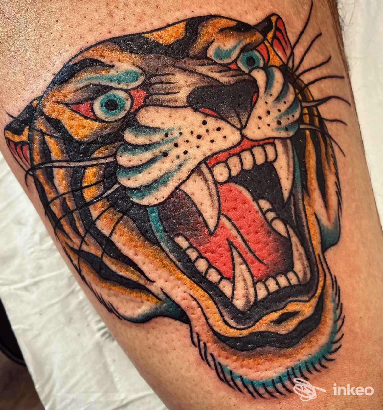 Tatuaggio grande della testa di una tigre colorata sulla coscia, foto di Verrocchio Tattoo Shop, Vinci.