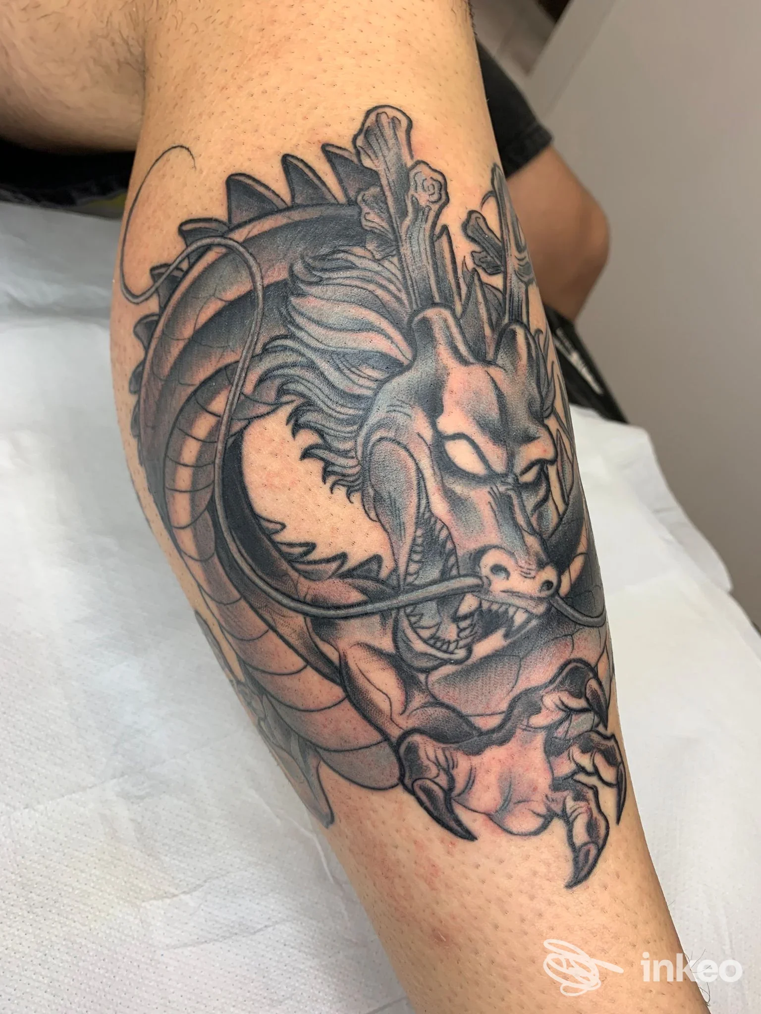 Tatuaggio a tema drago in nero e grigio realizzato su gamba/avambraccio, foto fornita da Antivist Tattoo, Cascina.