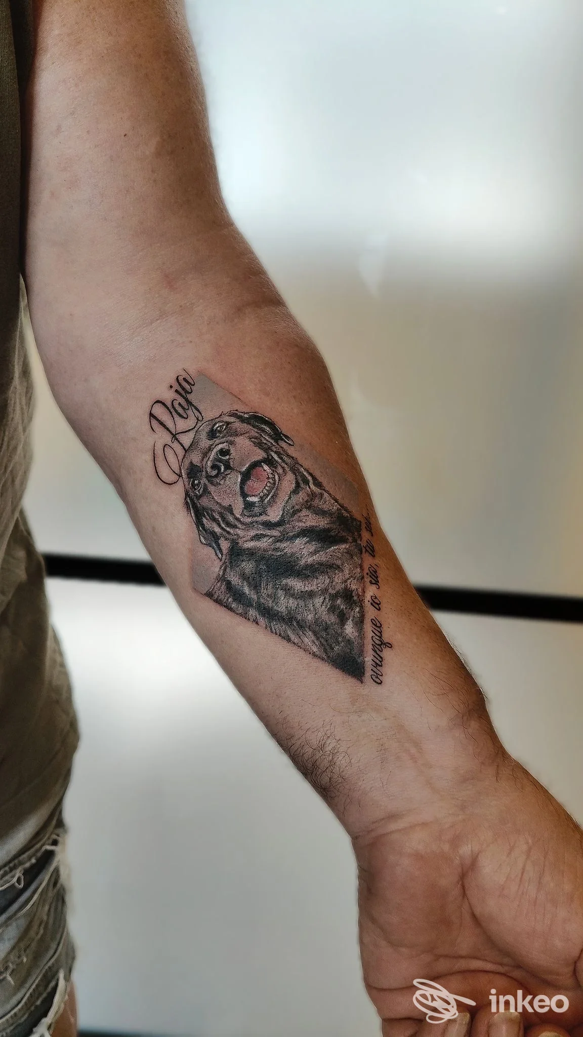Tatuaggio in bianco e nero con testa di animale sull'avambraccio interno, realizzato da BUMBLEBEE TATTOO a Pitigliano.