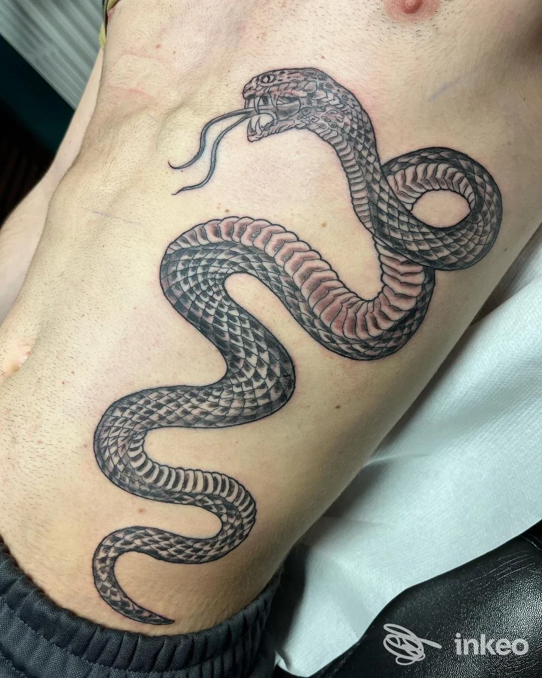 Grande tatuaggio di serpente sul fianco destro realizzato da Back To Black Tattoo Studio a Borgo San Lorenzo.