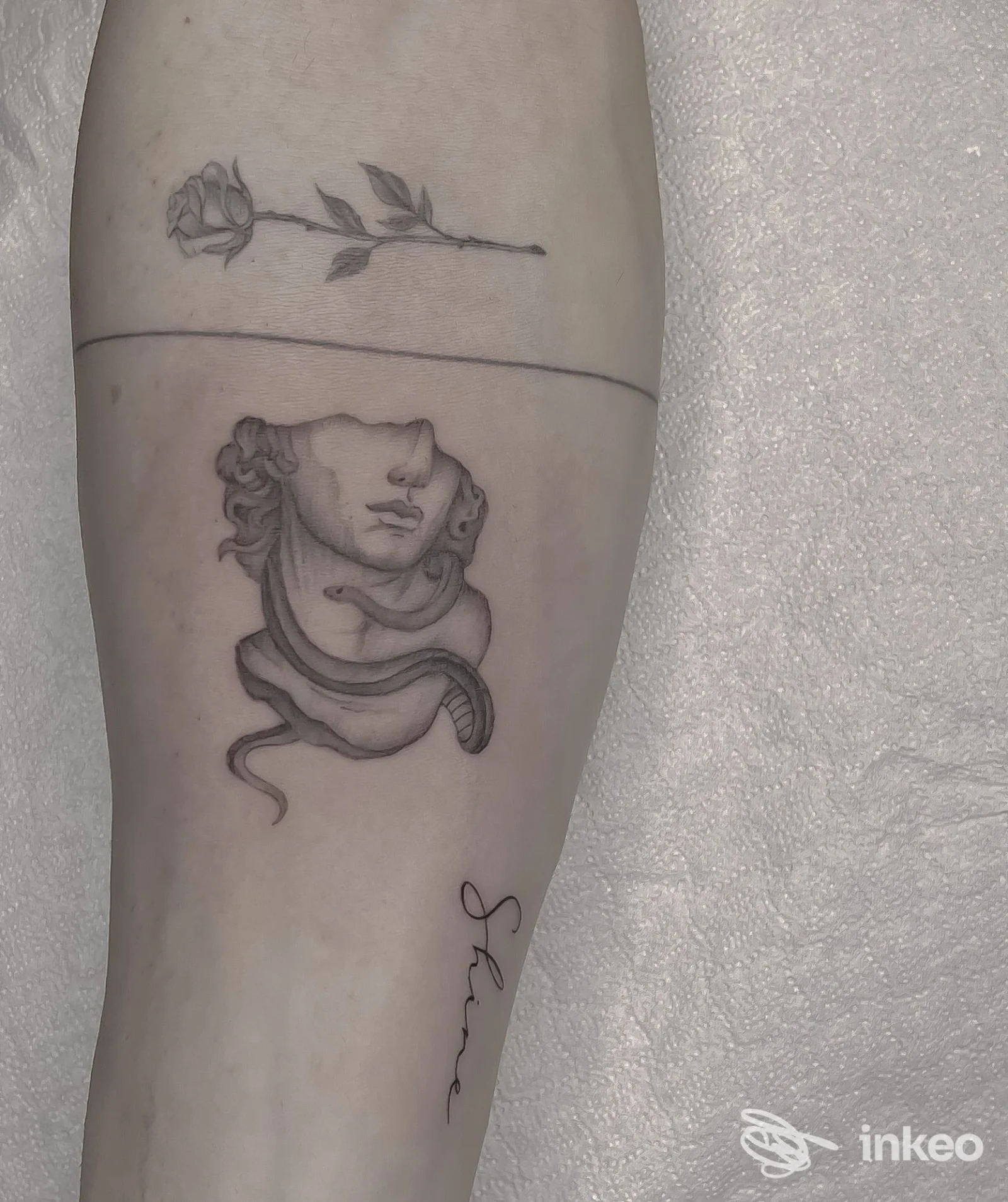 Tatuaggi in nero su avambraccio: rosa, fascia lineare e busto scultoreo con serpente. Black Rose Tattoo, Pontedera.