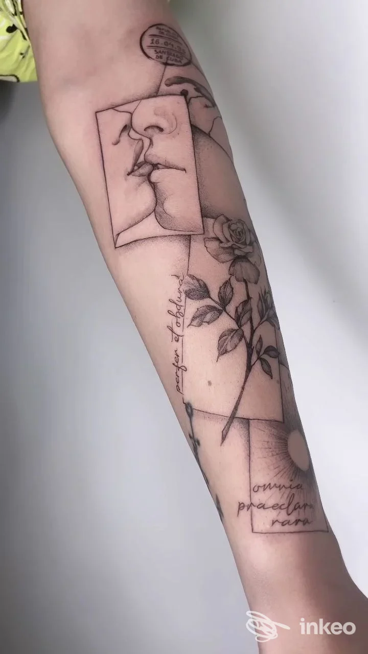 Tatuaggio su avambraccio con volti stilizzati in riquadri e una rosa, Bocanegra Tattoo Piercing Studio, Siena.