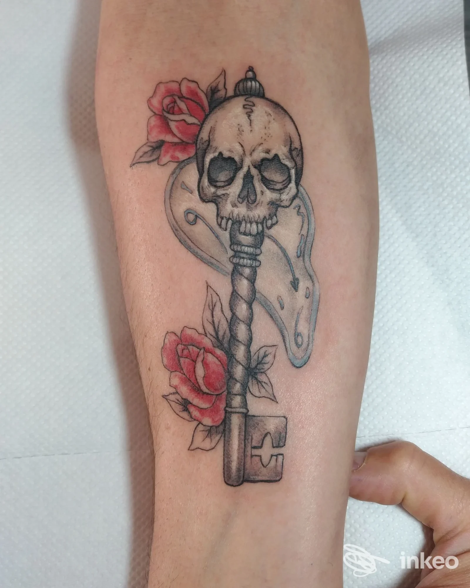 Tatuaggio di teschio, chiave e rose sull'avambraccio, fotografato per Cannella Elena - Tattoo Art Shop, Castellina Marittima.