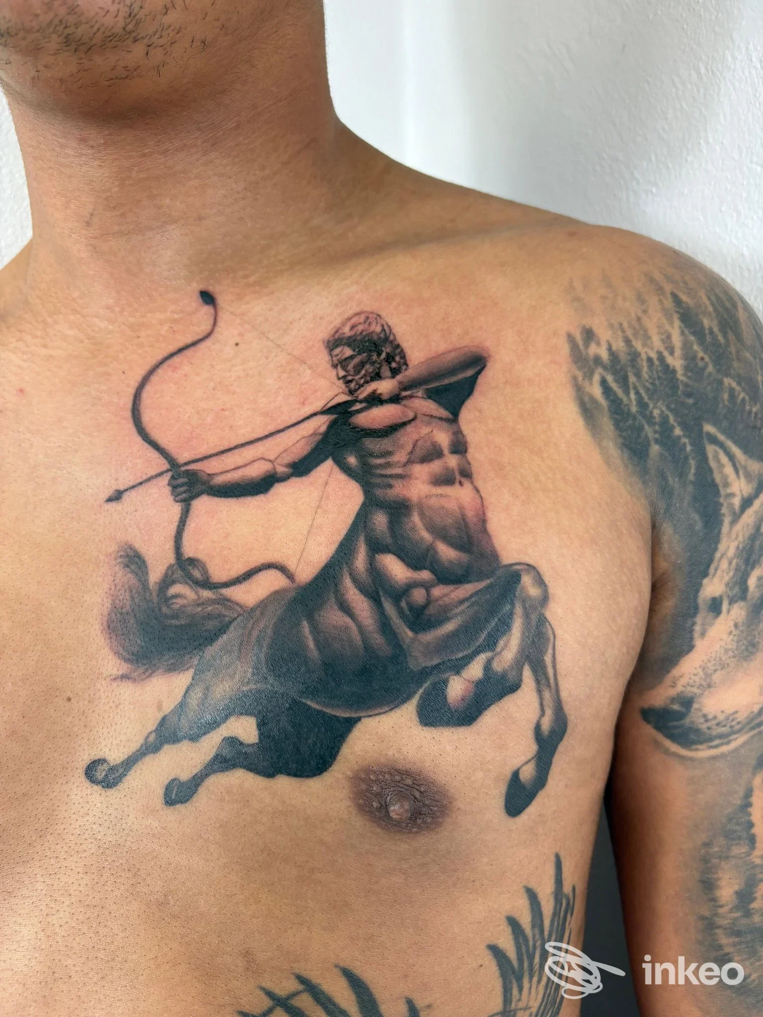 Tatuaggio black and grey a forma di centauro con arco sul petto, foto fornita da DAMA TATTOO STUDIO, Vada.