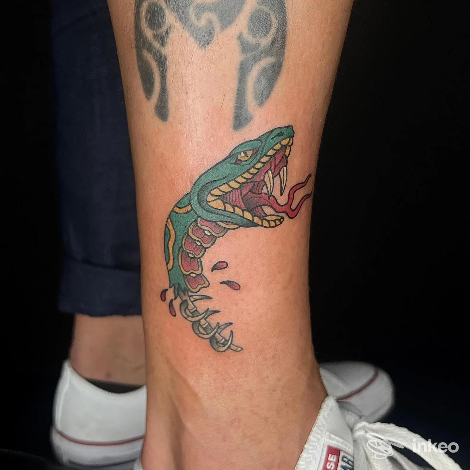 Tatuaggio di serpente colorato sulla parte inferiore della gamba. DePa Ink Tattoo Studio, San Rocco A Pilli.