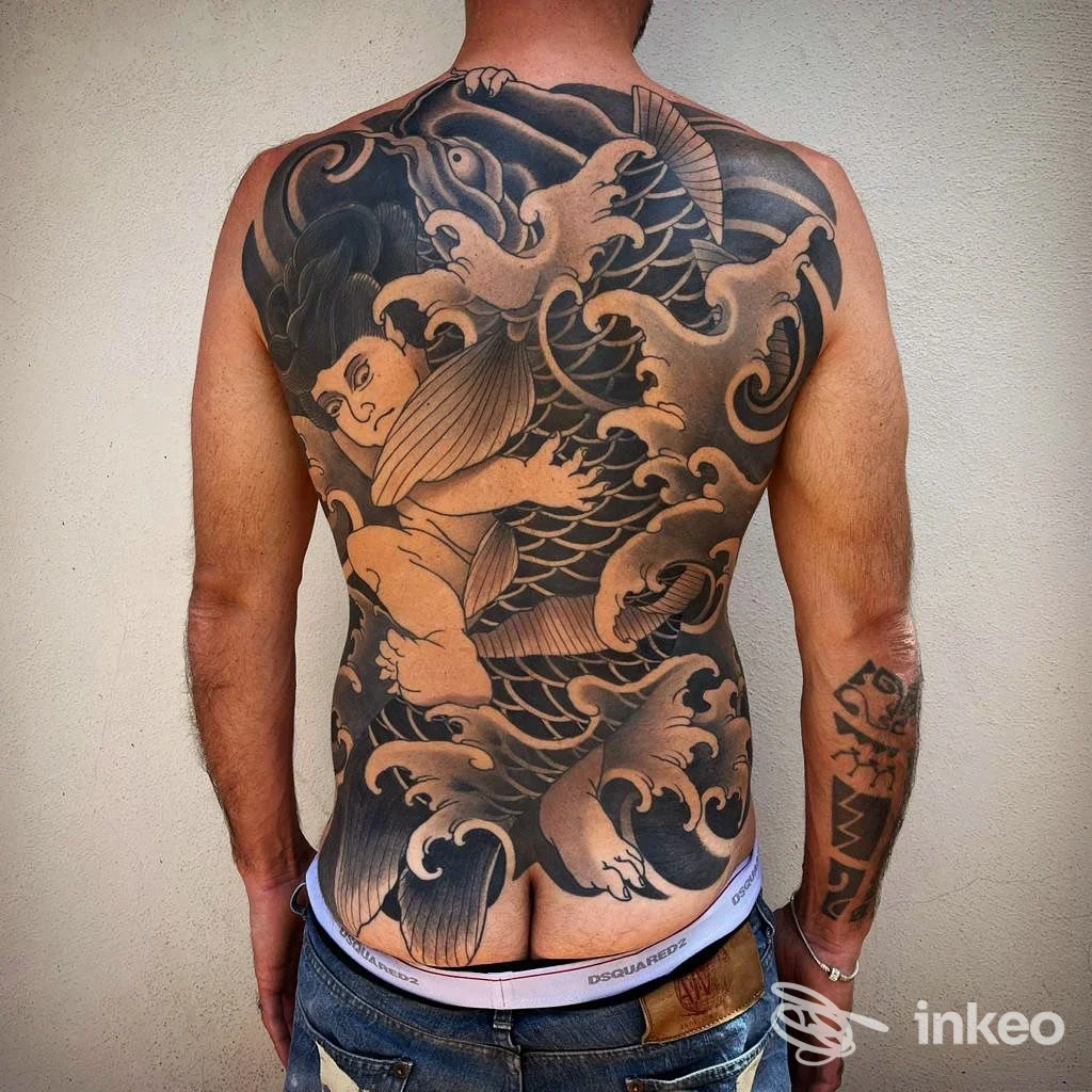 Ampio tatuaggio tradizionale su tutta la schiena di un uomo, fotografia per BLACK FLOW Tattoo Studio, Firenze.