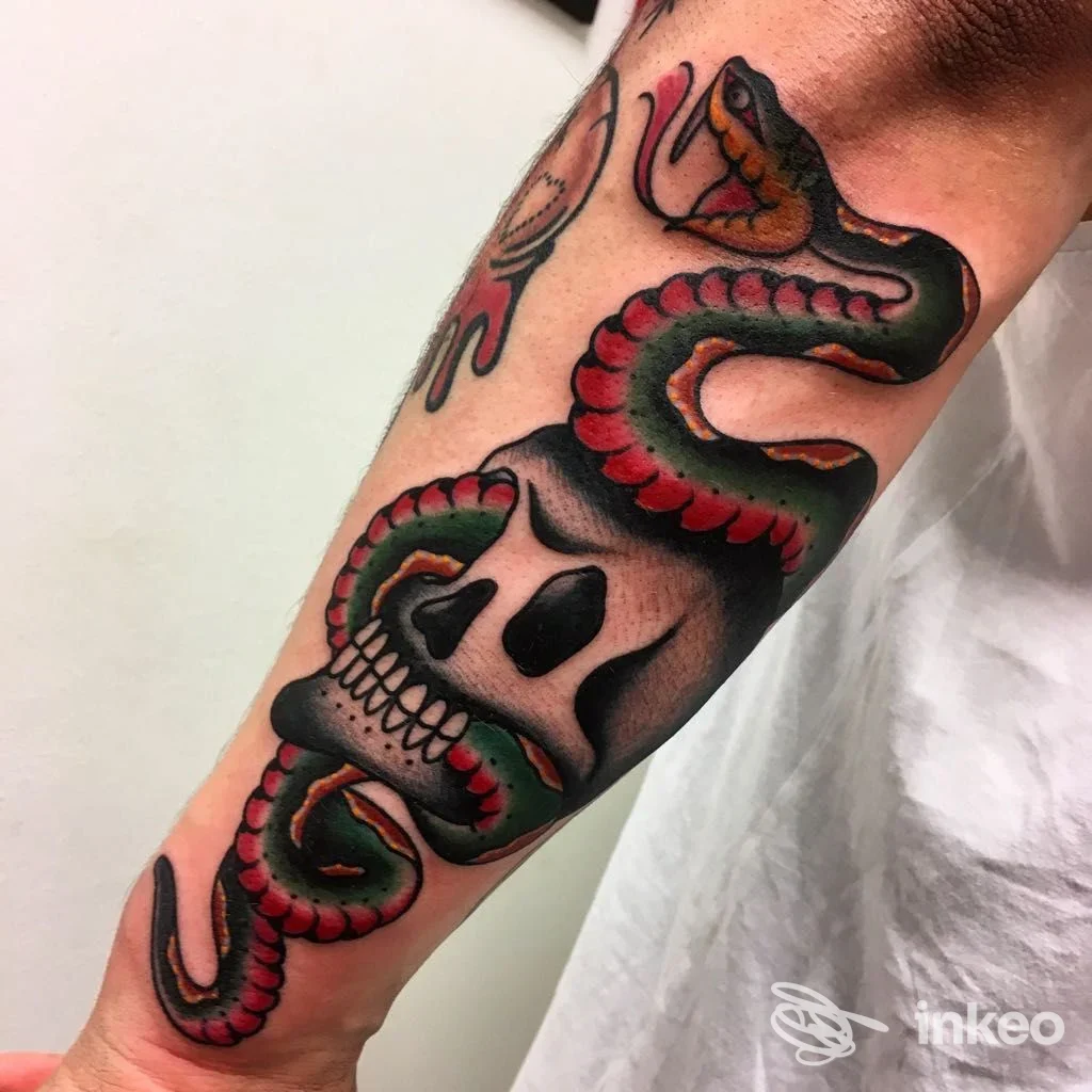 Tatuaggio tradizionale su avambraccio con teschio e serpente, lavoro realizzato da Cherry Red Tattoo & Body Piercing a Empoli.