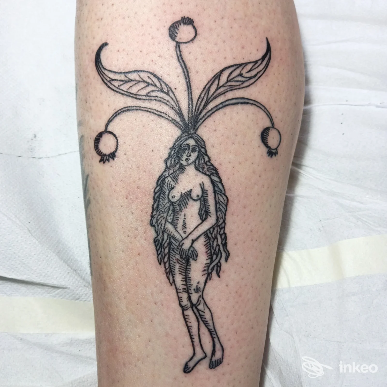 Tatuaggio blackwork su polpaccio raffigurante una figura femminile con elementi vegetali, foto fornita da CERBERUS TATTOO SHOP, La Rosa.