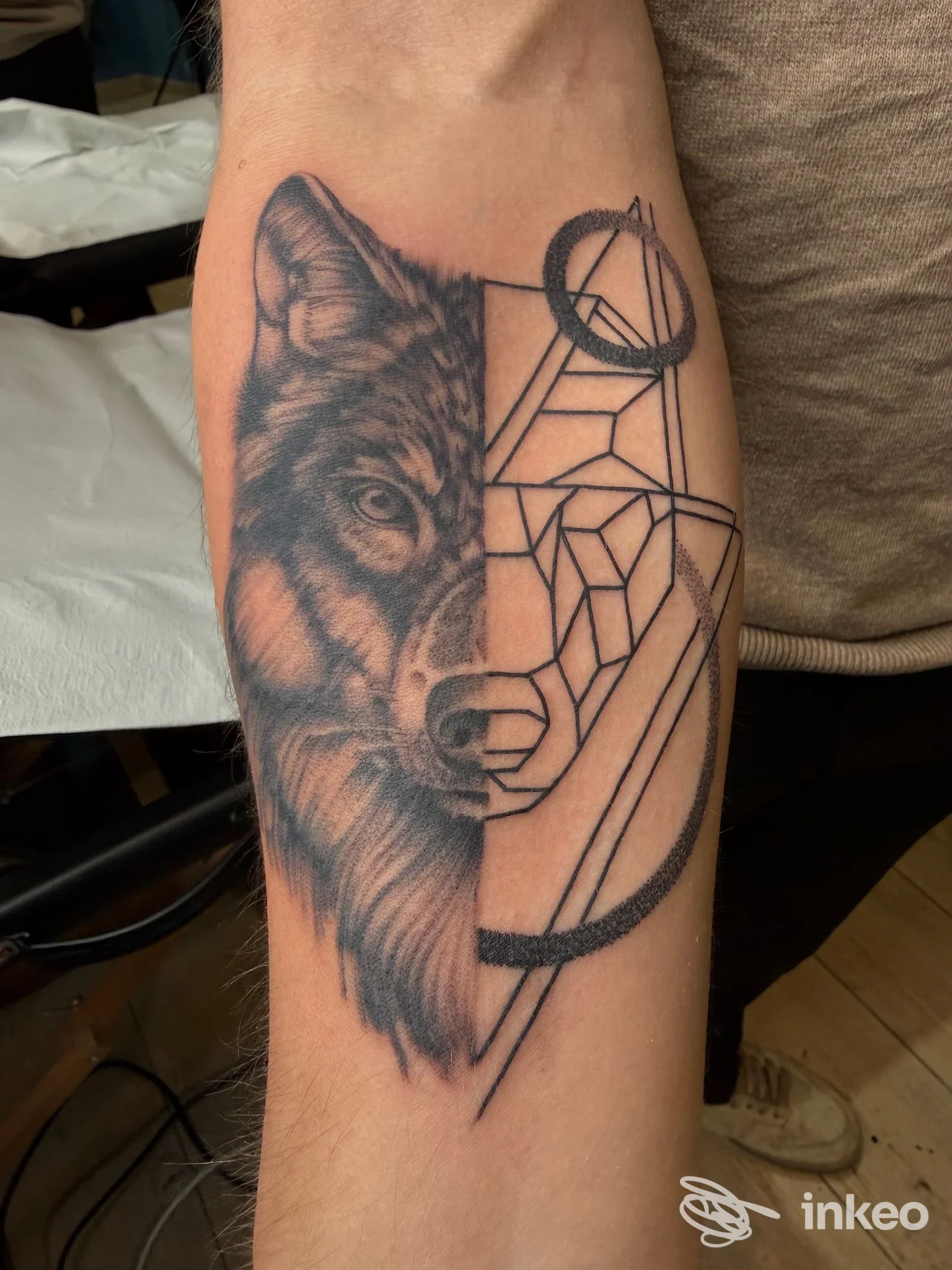 Tatuaggio su avambraccio con metà volto di lupo realistico e metà geometrica, foto dallo studio Holy Diver Tattoo a Firenze.