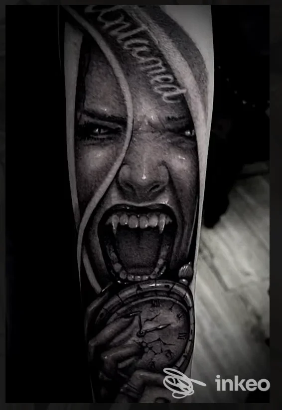 Tatuaggio realistico in bianco e nero di un volto urlante e un orologio crepato sull'avambraccio. Lateral Thinking Tattoo & Piercing, Grosseto.