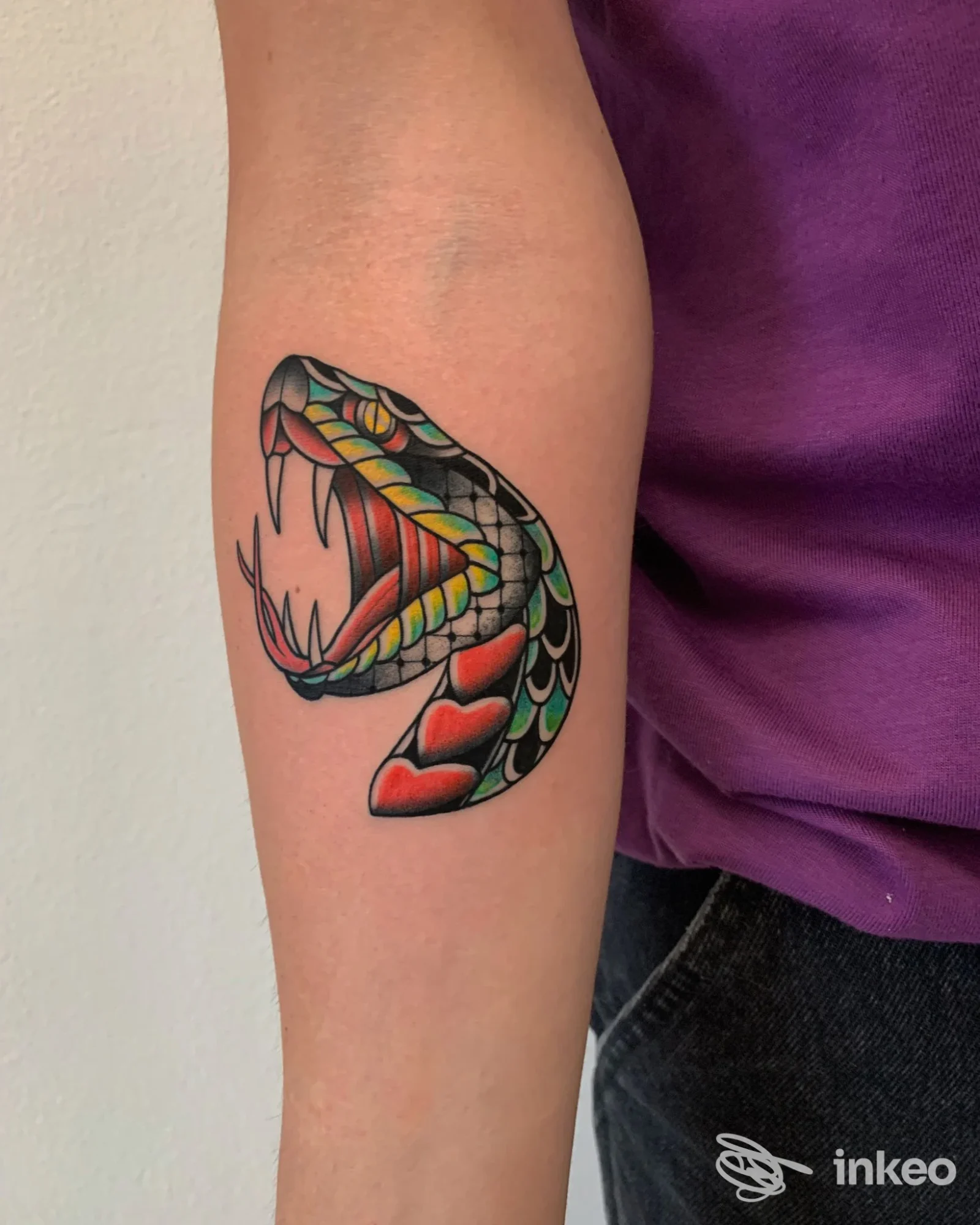 Tatuaggio a colori di testa di serpente sull'avambraccio interno, realizzato da Malatinta Tattoo a Poggio Basso.