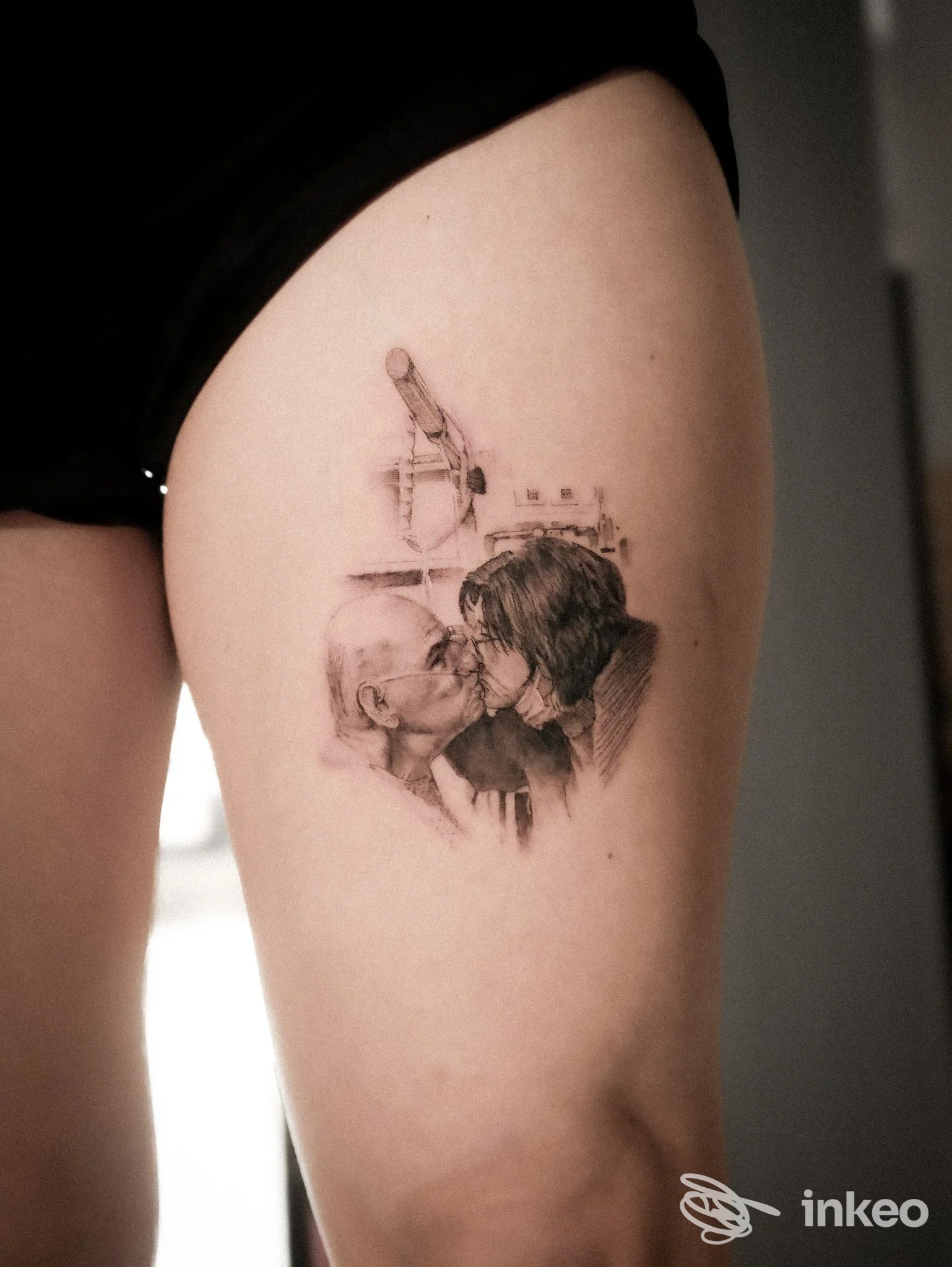 Tatuaggio realistico su coscia che raffigura due persone che si baciano, fotografia inviata da Tattoo 93⁄4, Massa.