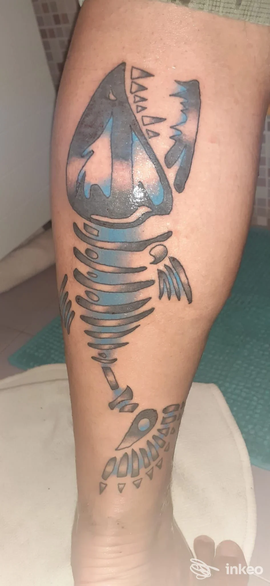 Tatuaggio stilizzato sul polpaccio fotografato presso Tattoo Piercing Simona Leo Tattoo a Massa, design in nero e blu.