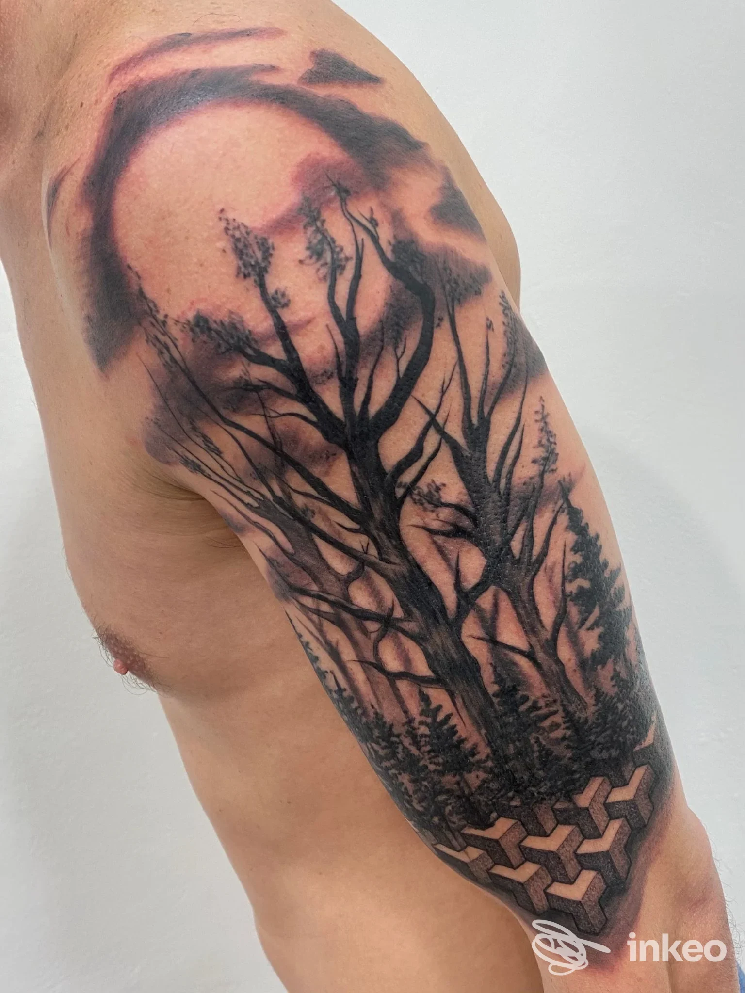 Ampio tatuaggio a manica con paesaggio di alberi e alone sulla spalla e braccio, True Love Tattoo & Piercing, Viareggio.
