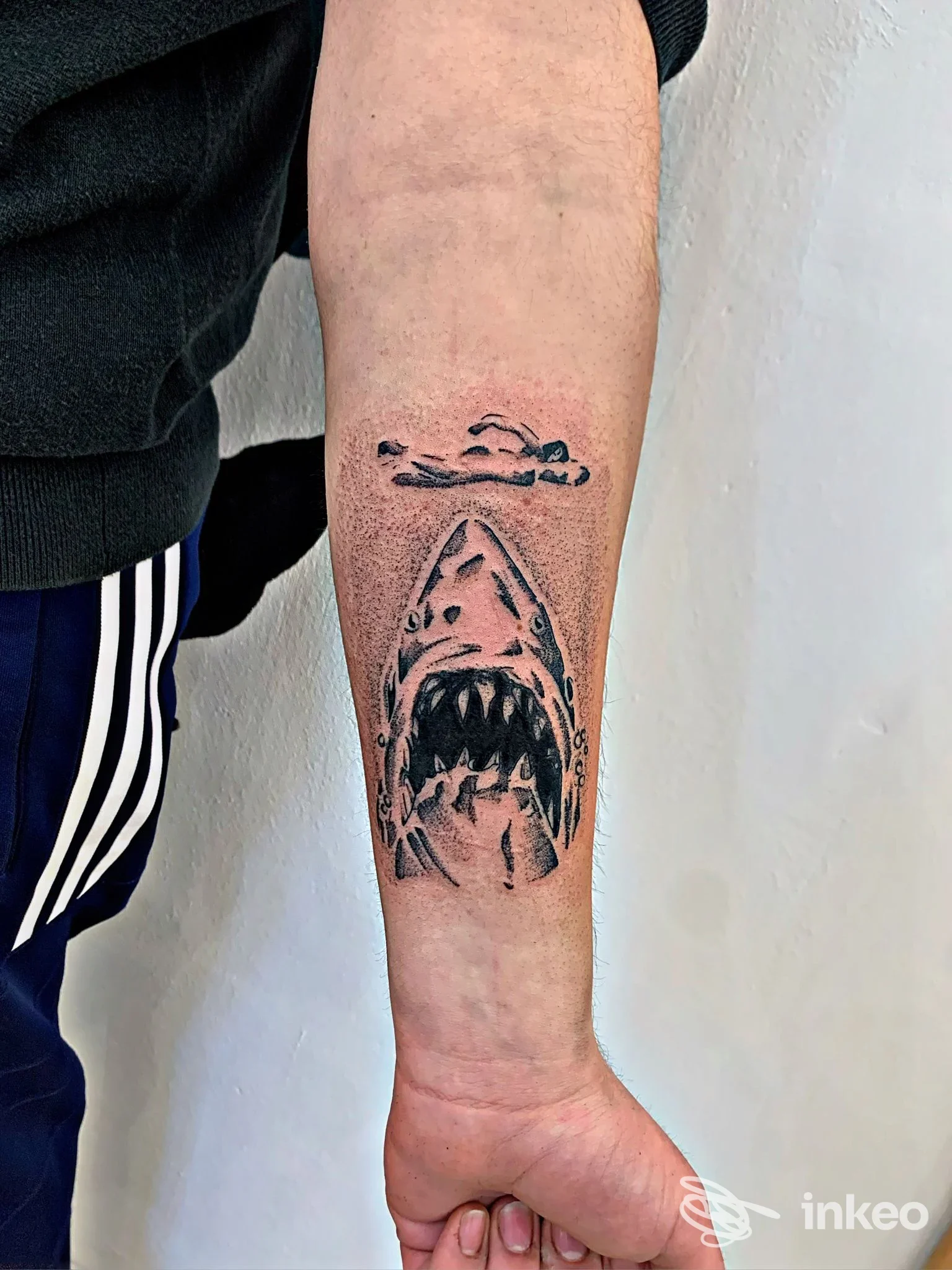 Tatuaggio di uno squalo a bocca aperta sull'avambraccio, fotografia inviata da Zizzi Loft Tattoo Studio, Arezzo.