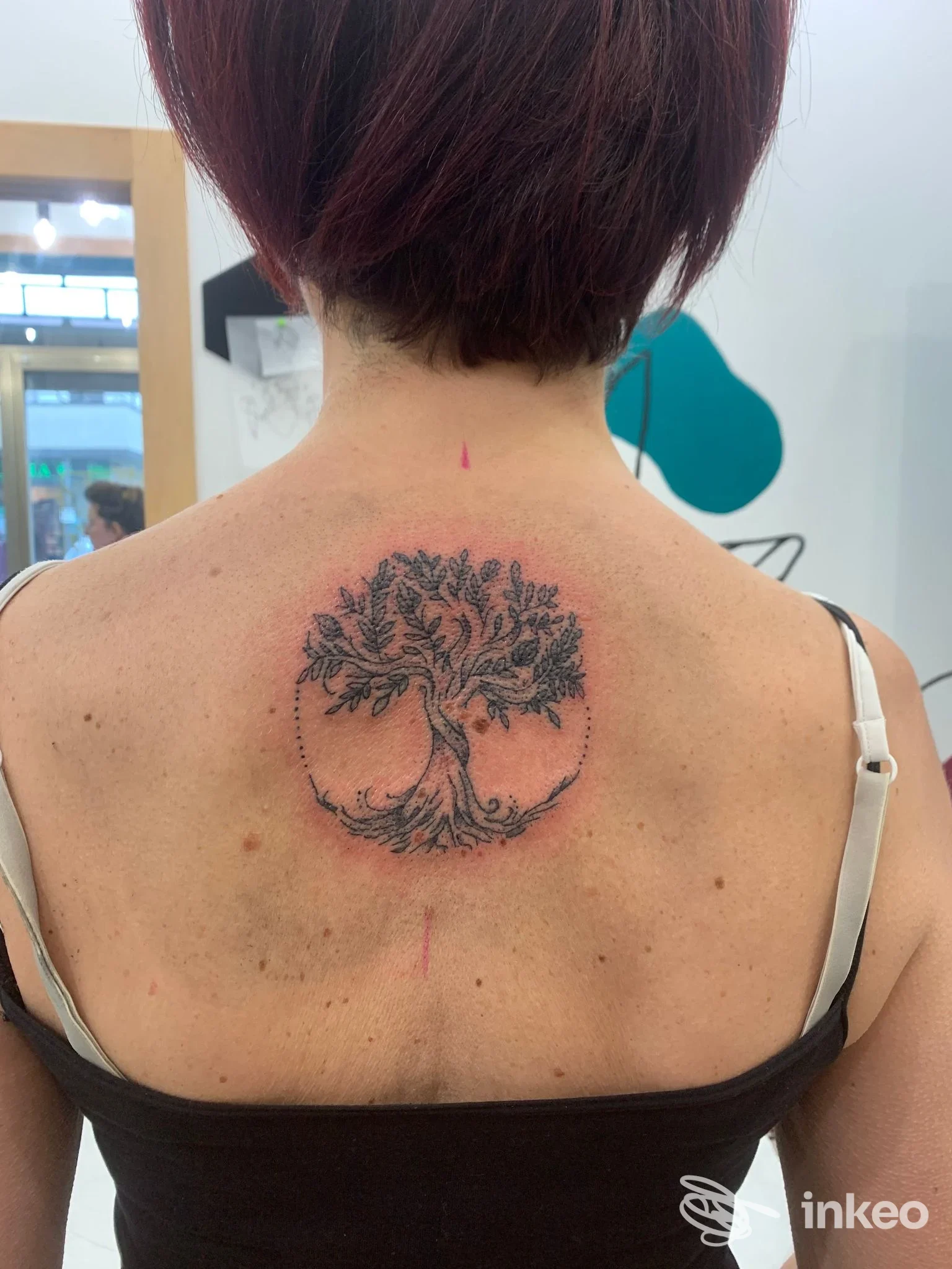 Tatuaggio al centro della parte superiore della schiena, albero stilizzato nero, scattato nello studio Zizzi Loft Tattoo Studio ad Arezzo.
