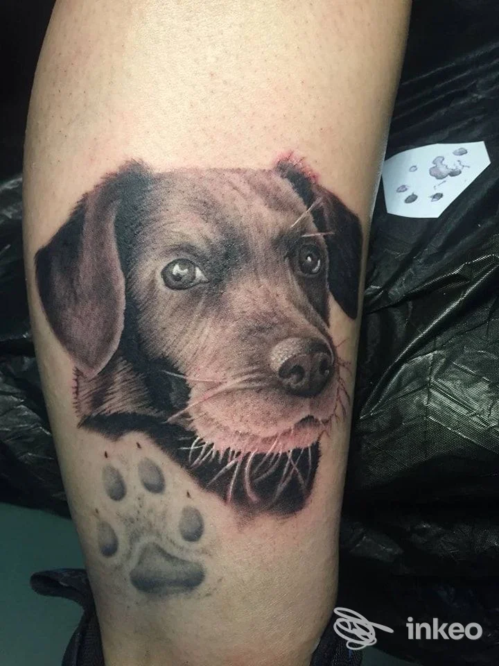 Tatuaggio realistico del volto di un cane e impronta su gamba, MozArt Tattoo & Piercing, Merano.
