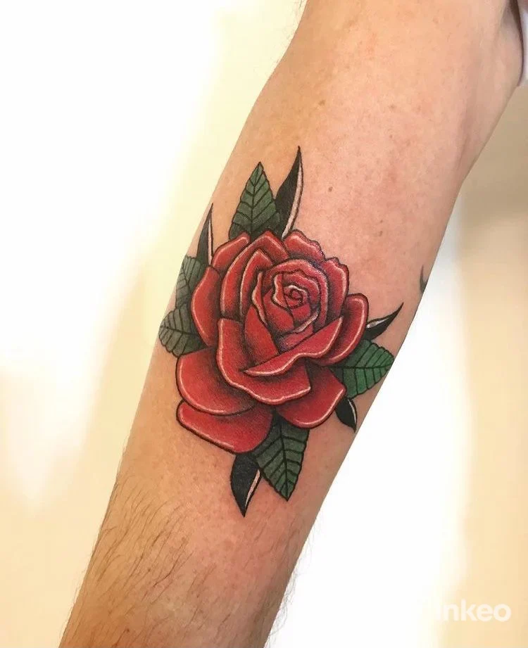 Tatuaggio di una grande rosa rossa sul sottoavambraccio, realizzato da Naïf Studio Tattoo a Pinzolo.