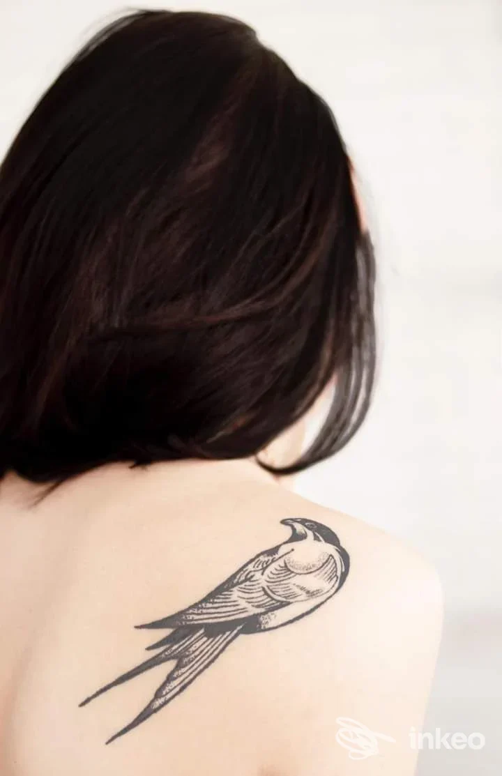 Tatuaggio a forma di rondine sull'omoplata sinistra, fotografia di schiena realizzata da Sacred Art Tattoo a Rablà.