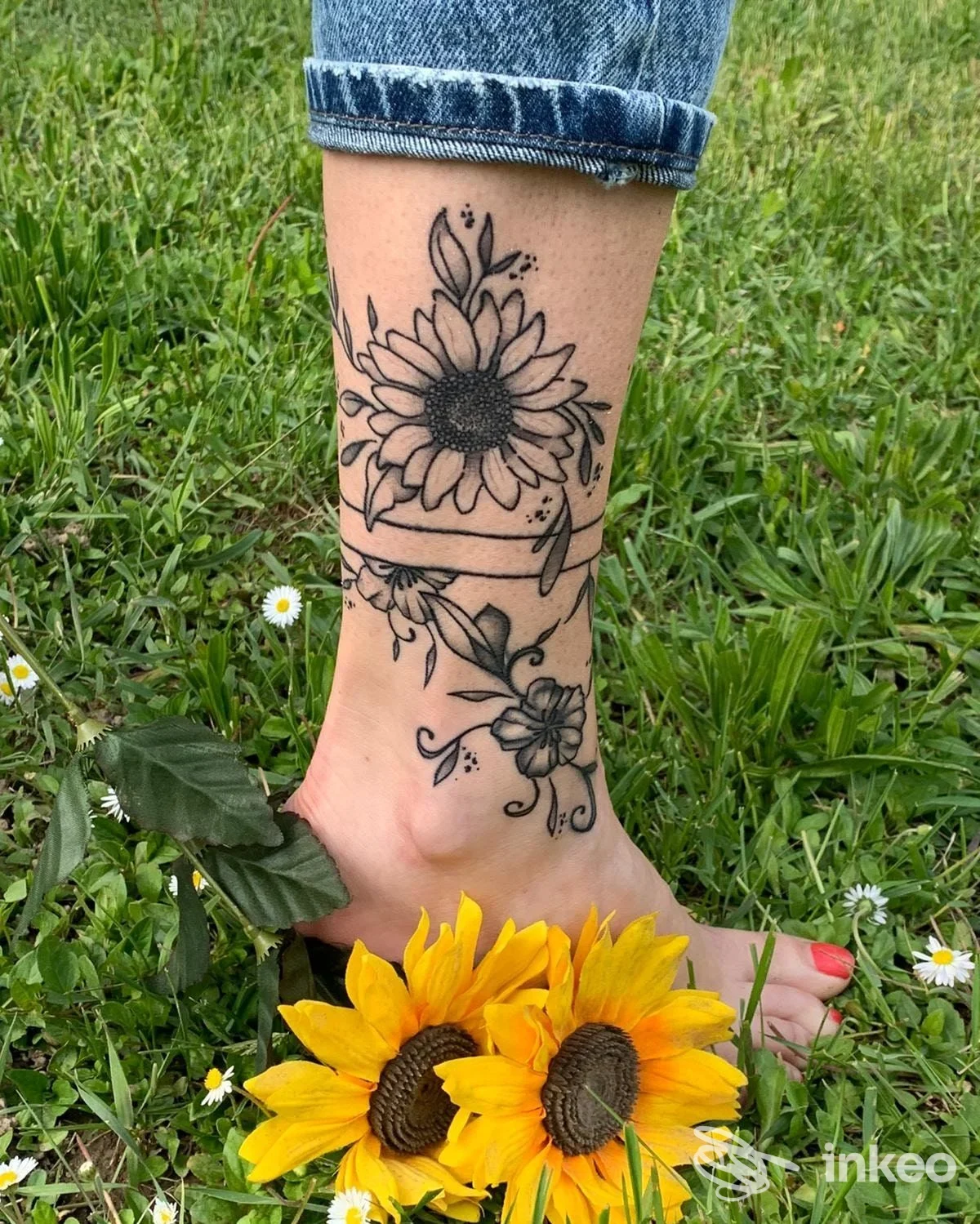 Tatuaggio a inchiostro nero con girasoli e motivi floreali sulla caviglia; foto fornita da Oltre tattoo, Ponte Arche.