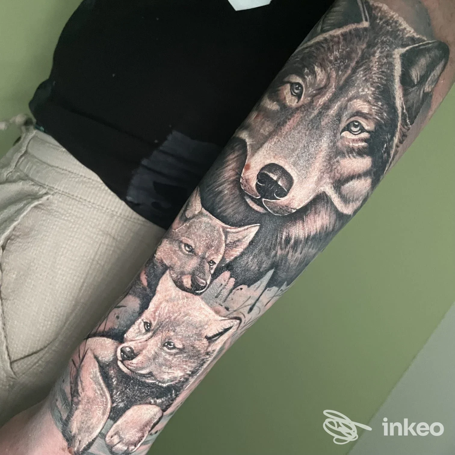 Tatuaggio realistico in bianco e nero di lupi/volpi sull'avambraccio, Tattoo Society, Pergine Valsugana.