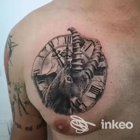 Tatuaggio sul petto con testa di stambecco e quadrante d'orologio, eseguito da Tattoo Sandra Frena a Chiusa.