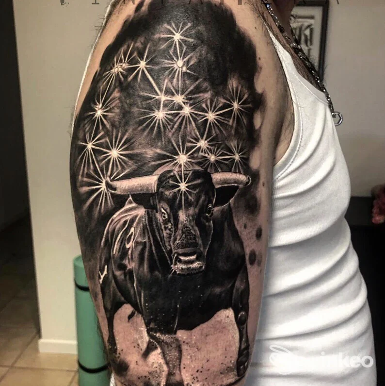 Grande tatuaggio realistico di toro sul braccio superiore, foto in studio Tintanera Tatuaggi e Piercing Atelier, Pergine Valsugana
