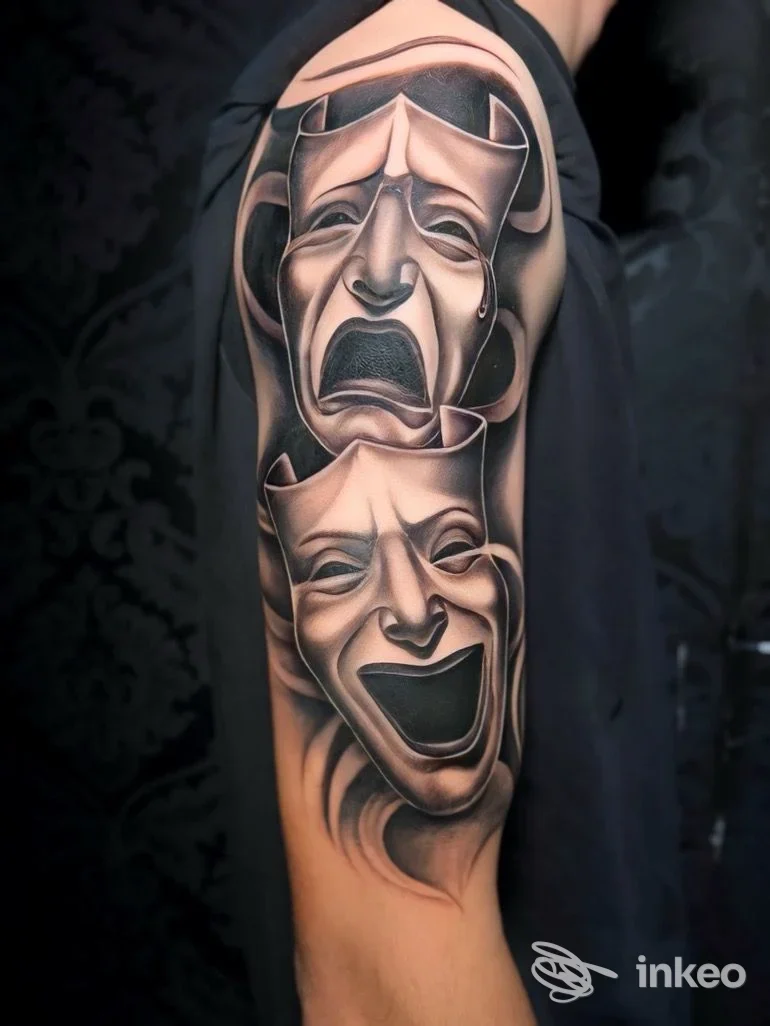 Tatuaggio black & grey sul braccio superiore con maschere teatrali in stile realistico. Alex Uliano Tattoo, Perugia.