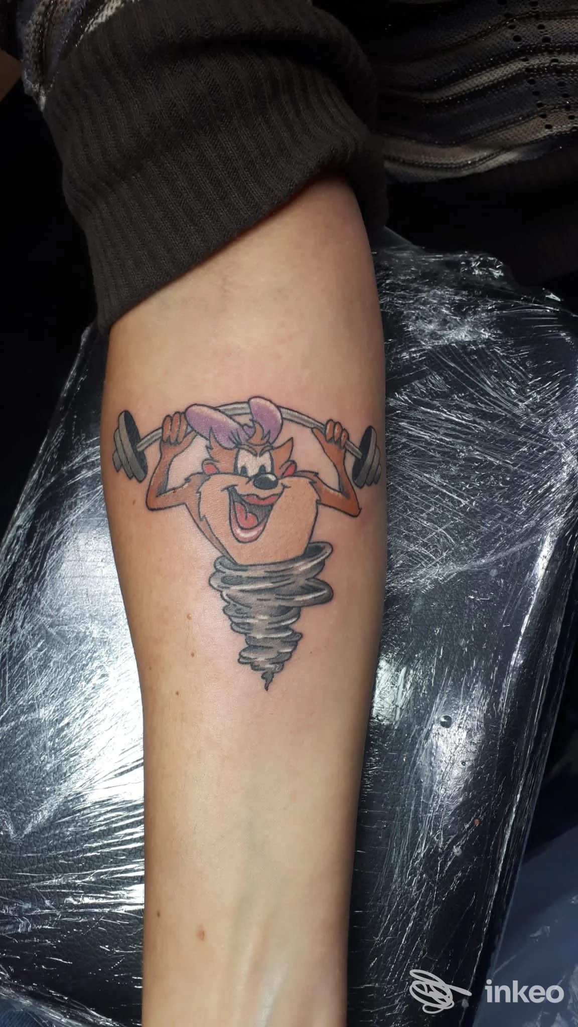 Tatuaggio sull'avambraccio del Taz che solleva manubri, Real Tattoo, Bastia Umbra.