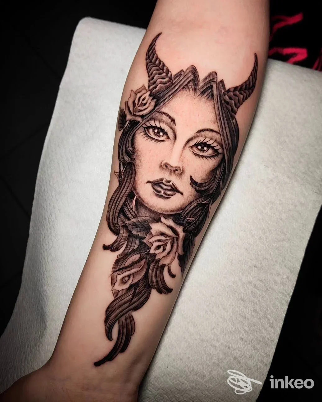 Tatuaggio in bianco e nero raffigurante un volto femminile cornuto con rose e ciocche sull'avambraccio. Wizard Tattoo, Todi.