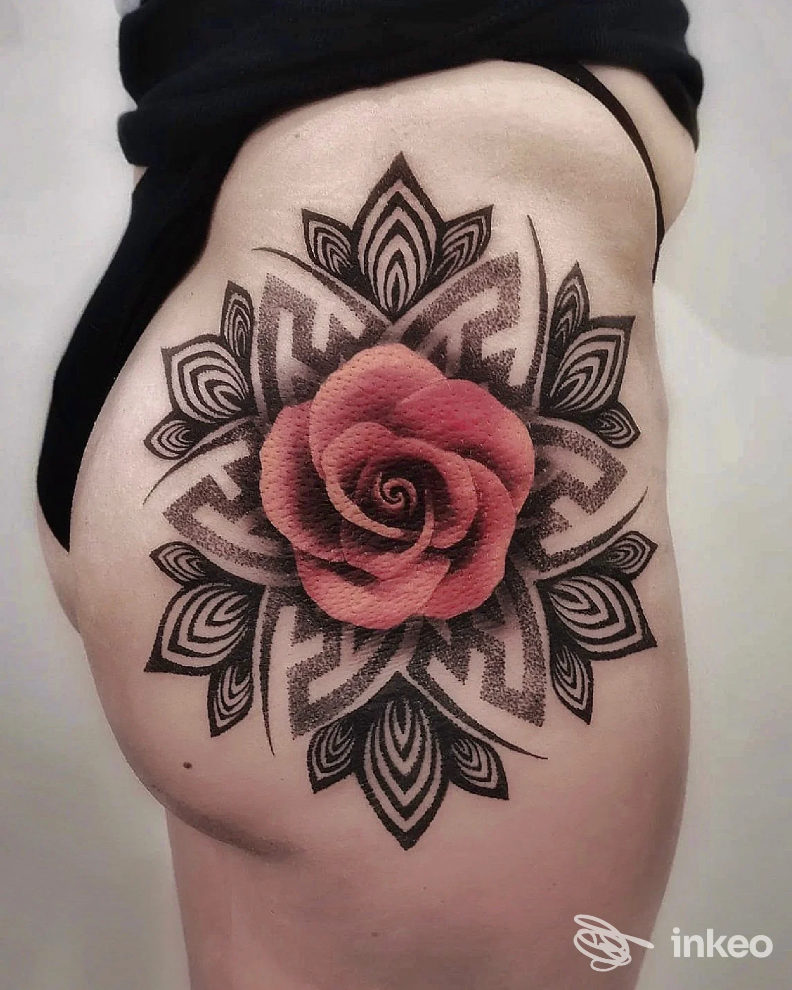 Tatuaggio a fianco con rosa rossa centrale e mandala nero, foto fornita da Legend Tattoo Studio a Pont-Saint-Martin.