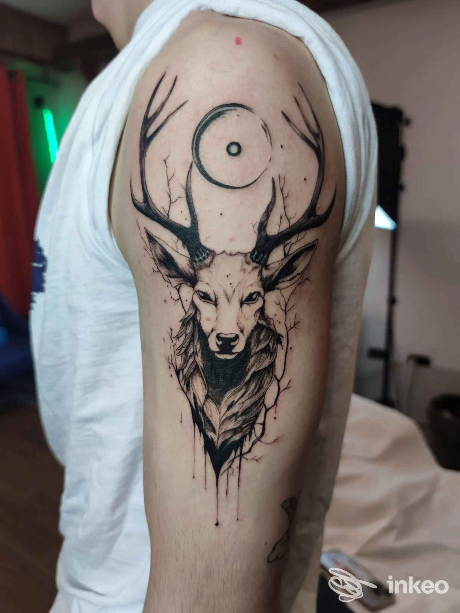 Tatuaggio a inchiostro nero di testa di cervo sul bicipite superiore, immagine fornita da Tattoo studio Ink Dome, Nus.