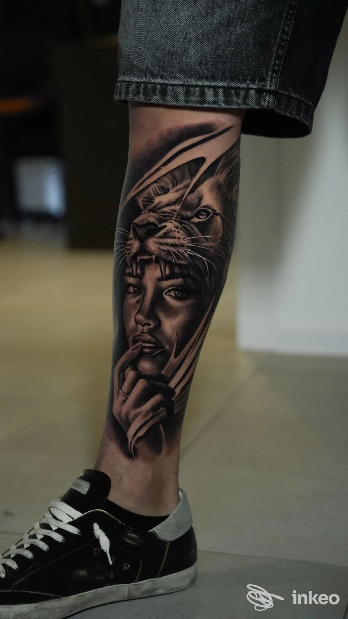 Polpaccio tatuato con composizione realistica volto di donna e gatto, opera eseguita da Ale Art Tattoo a Montecchio Maggiore.
